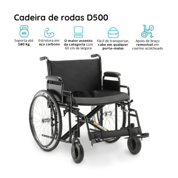 Cadeira de Rodas Dobrável Para Obeso em Aço - Dellamed Modelo D500 (até 180kg) - Image 7