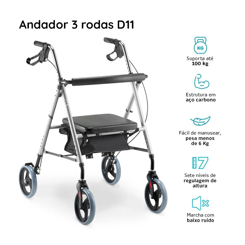 Andador de Alumínio Dobrável 4 Rodas c/ Assento D12 – Dellamed - Imagem 2